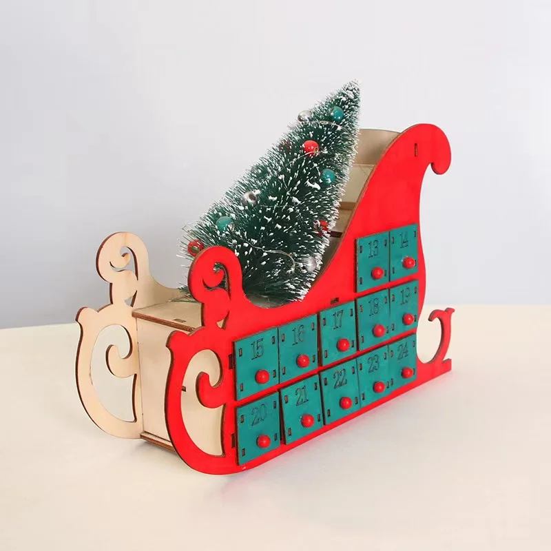 Tree House Sleigh Wooden Advent Calendar Countdown Christmas Party Decor Beauty Advent Calendar with LED Light Ornament