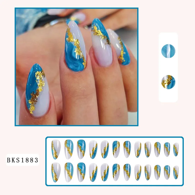New designer almond shape matte fake artificial nails blue line pattern press on nails