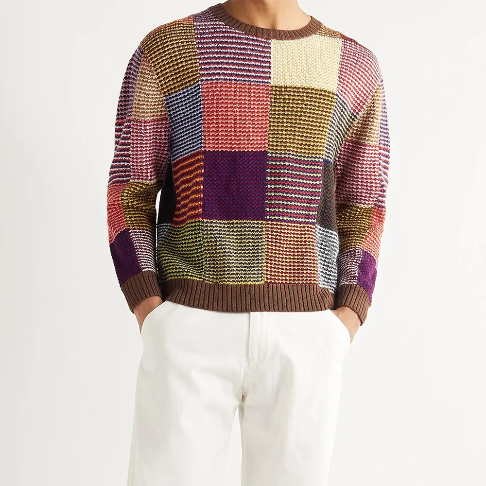 Guoou Knitwear Pull Over Custom Crew Neck Sweater Men Stripe Knitted Patchwork Plus Size Pullover Man