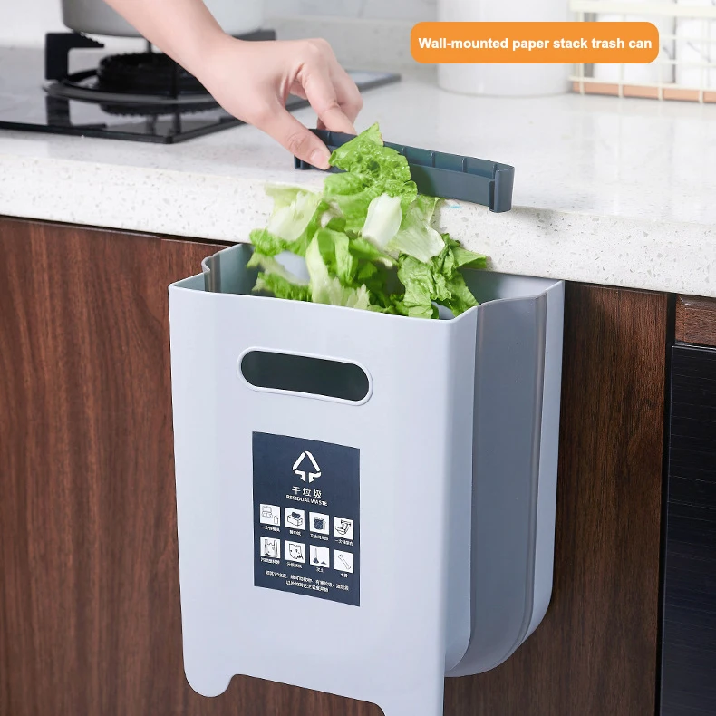 9L Plastic Hanging Door Foldable Kitchen Garbage Can Storable Waste Bins Garbage Bags Fixable For Rubbish