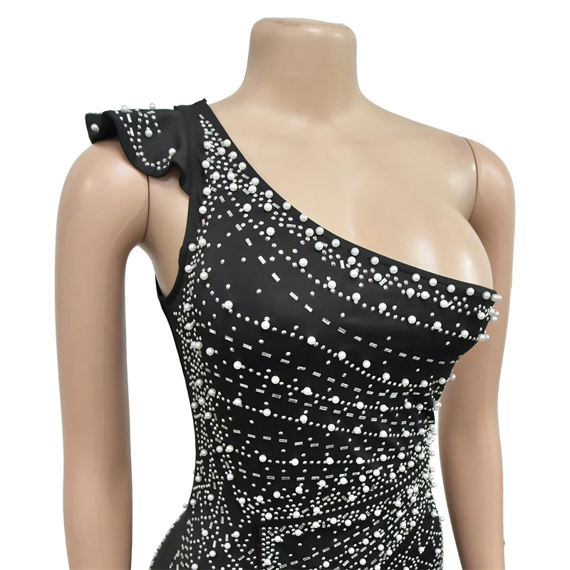 luxury pearls rhinestone beaded one shoulder sleeveless evening party dress 2024 floor length ball gown for women with pearls