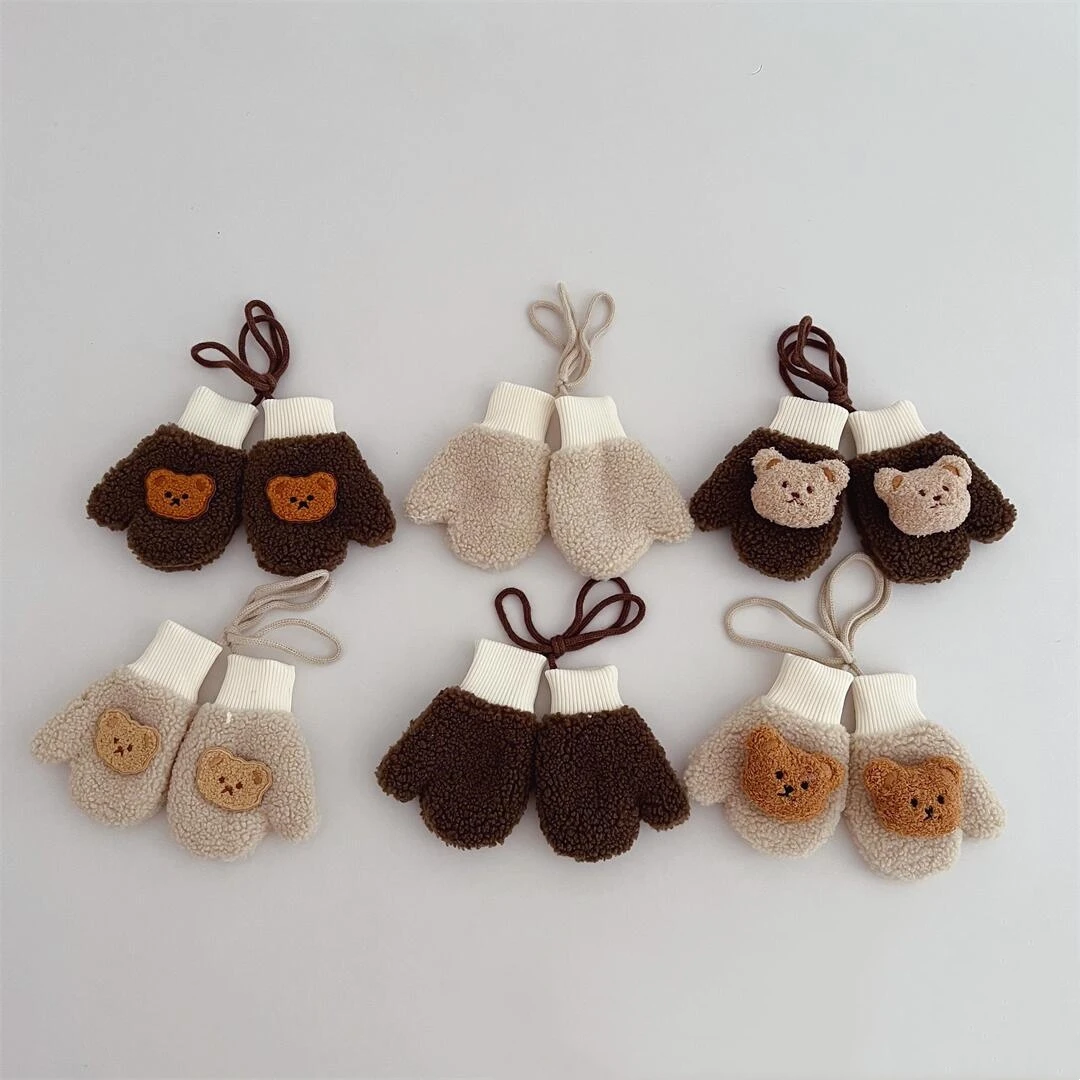 Ins Fall Winter Kids Cute Cartoon Bear Thick Warm Knitted Hand Gloves Outdoor Baby Mittens