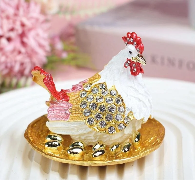 2024 Creative New Design Chinese Style Hen Golden Egg Metal Enamel Jewelry Box For Home Decoration