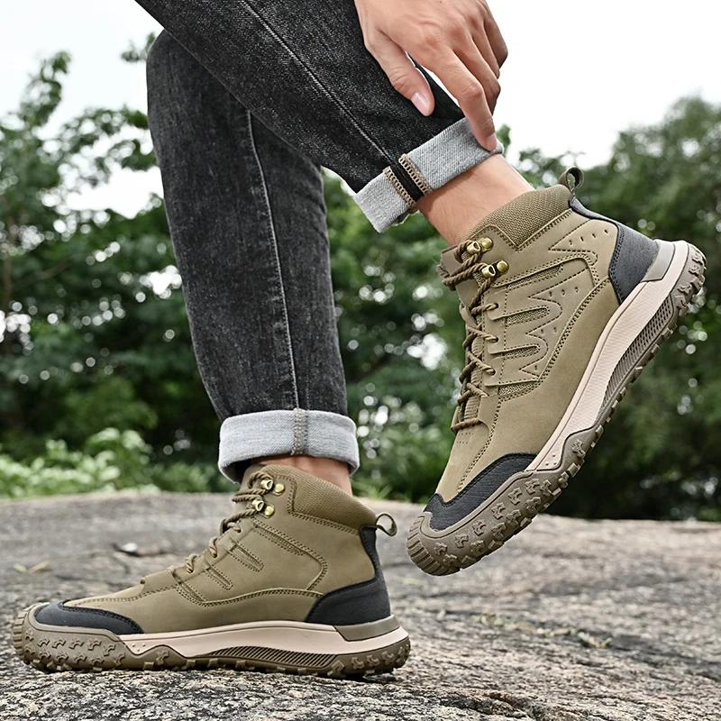 In Ready Stock Custom LOGO Drop Shipping Service Pure Cow Leather Mesh Upper Anti Slip Men Outdoor Hiking Mountain Boots