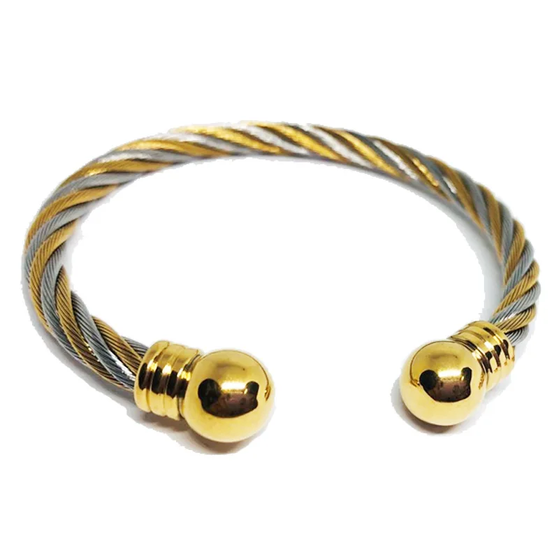 Stainless steel jewelry 2 tone twisted cable wire wrapped retro cuff bangle bracelet
