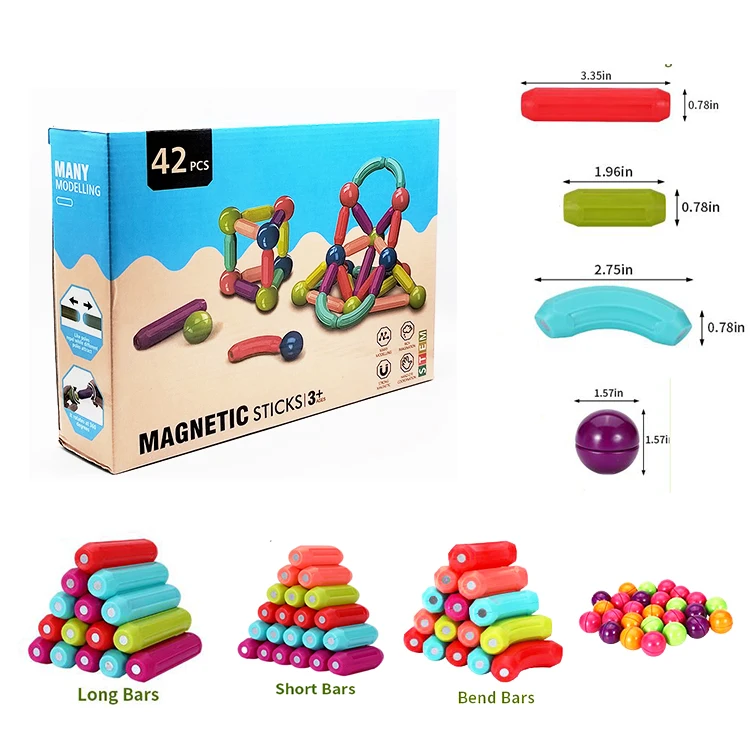 64pcs Magnetic Balls and Rods Building Sticks Blocks Set Vibrant Colors Different Sizes Curved Shapes Children Educational Stack