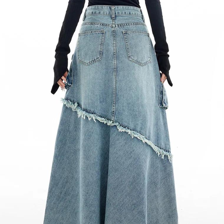 High quality custom patchwork raw edge denim skirt 2024 new designer work skirt high waist long A-line skirt