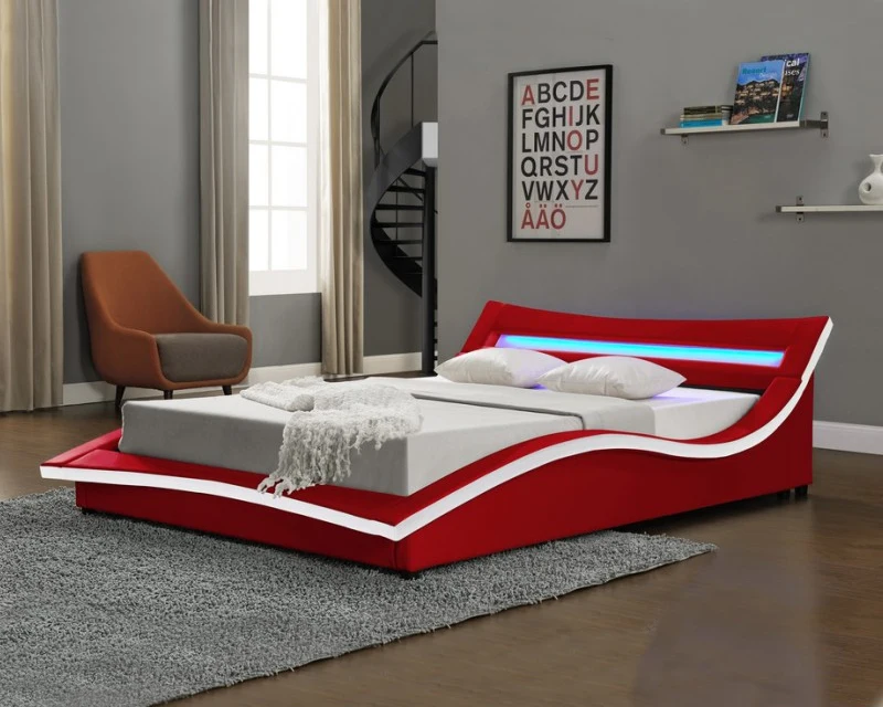 Manufacturer Italia Style Luxury Curved S shape PU Bed with LED on Headboard for Bedroom