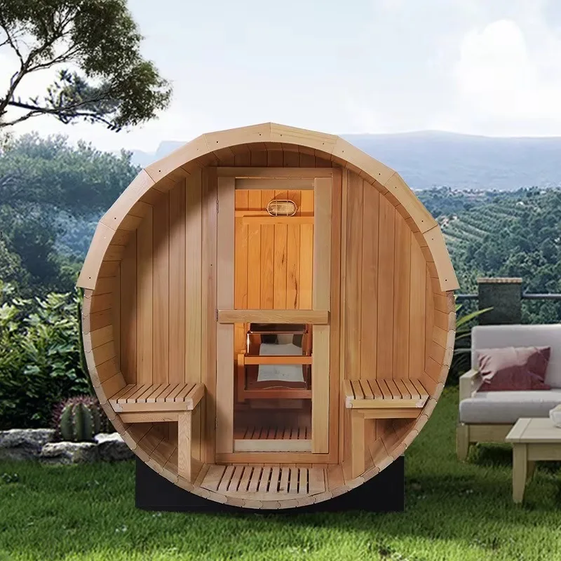 Modern 4-Person Outdoor Barrel Sauna Room Hemlock Dry Steam with 3KW Electric Heating and Far Infrared for Wet Steam Stove Use