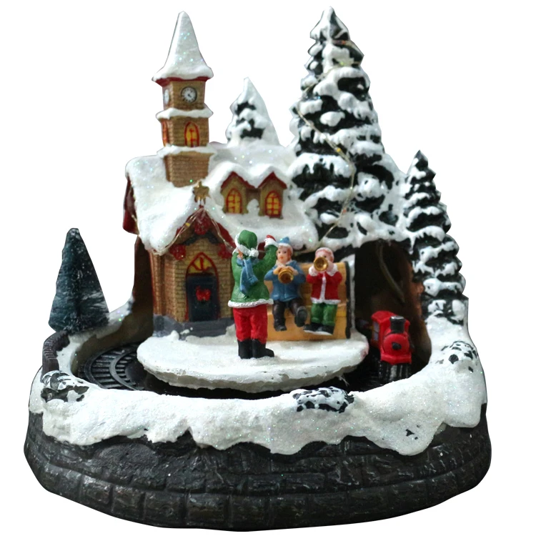 Рождественская деревня с поездом, движущийся Рождественский светодиодный музыкальный полирезиновый светильник, Рождественская деревня