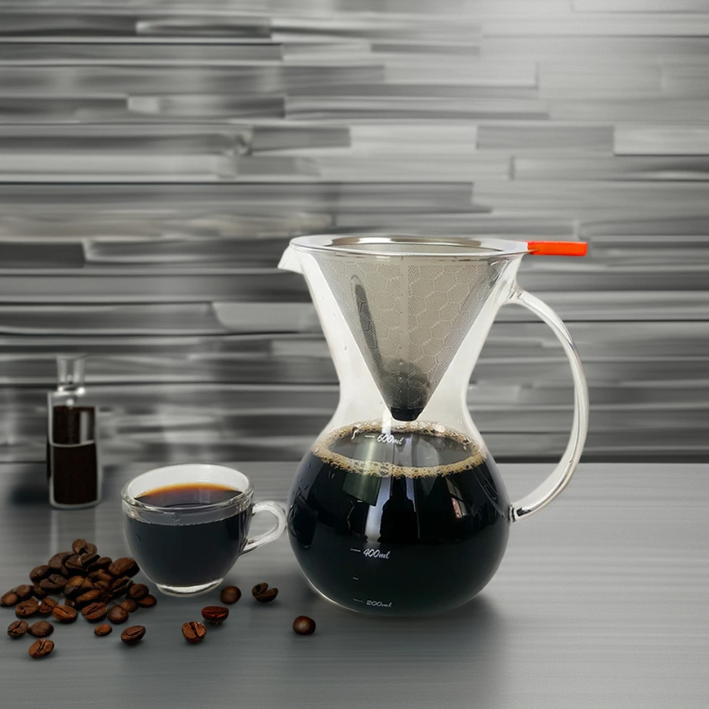 Transparent Glass Pour over Coffee Brewer Set Double-Layer Stainless Steel Cone Filter Glass Drip Coffee Pot