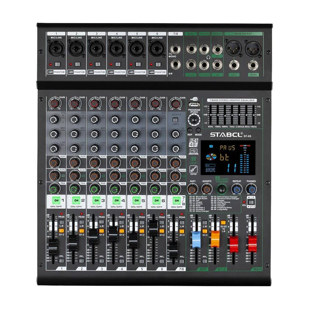 STABCL Professional 8-Channel Power Mixer 99DSP Audio Sound Mixing Controller for Club Music Console Application