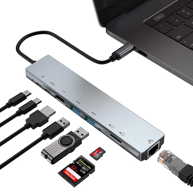 8 in 1 usb c hub USB3.0+USB2.0+ PD charging+ HDTV 4K +100mpbs+SD+TF usb hub usb c docking station