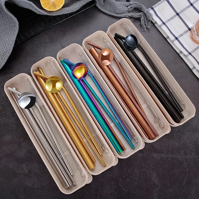 7pcs Stainless Steel Eco-Friendly Drinking Straw Spoon Set Reusable Straw with Cleaning Brush Spoon Wheat Case For Bar Party