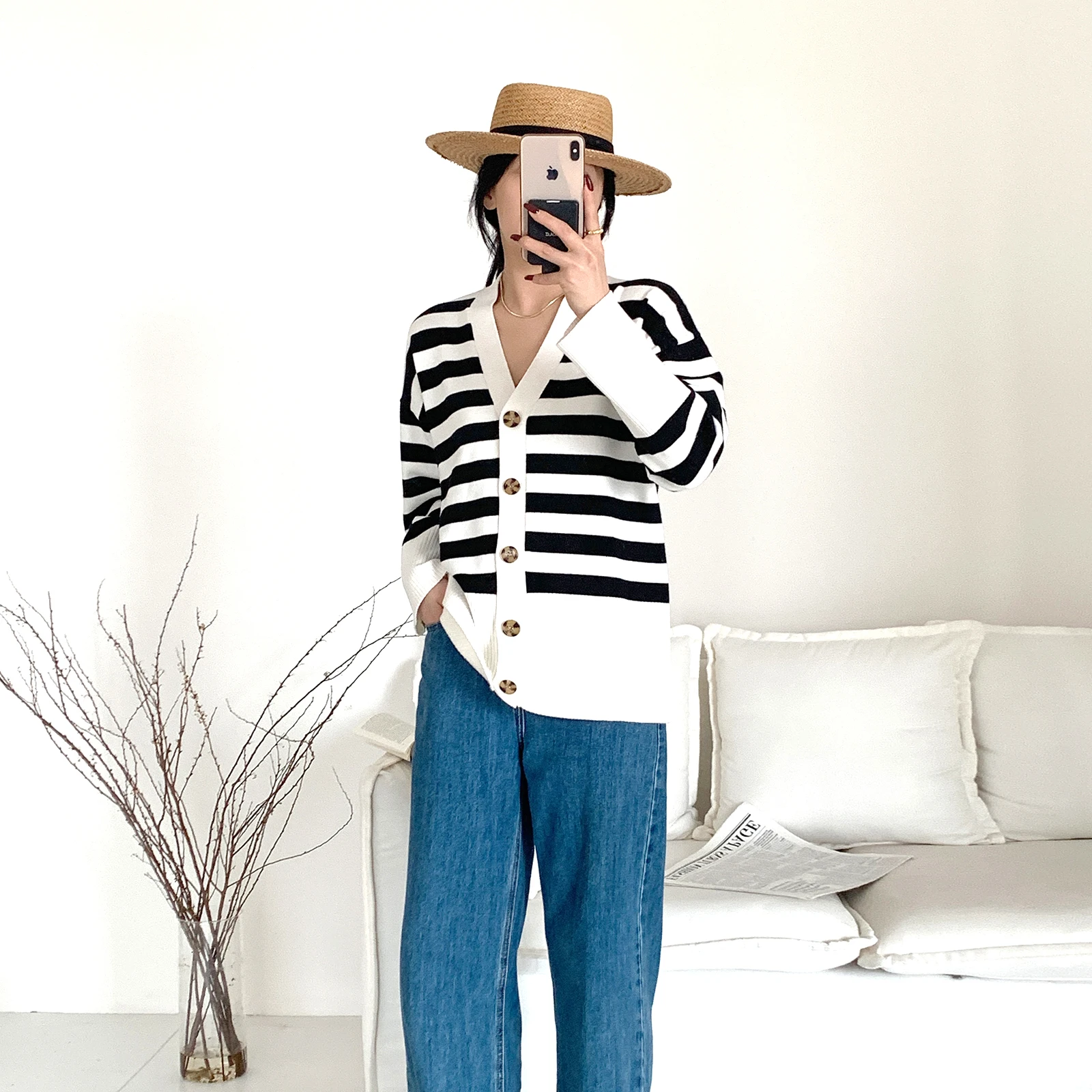 Knitted Cardigan Knit Sweater Custom for Women Stripe Knit Long Sleeve Button Front Cardigan Sweater Vintage Oversized Cardigan