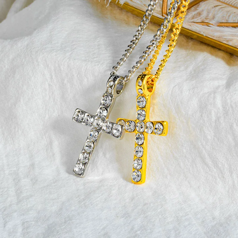 New Stainless Steel Cross Gold Silver Color Necklace Fashion Vintage Crystal Diamond Cross Pendant Necklace