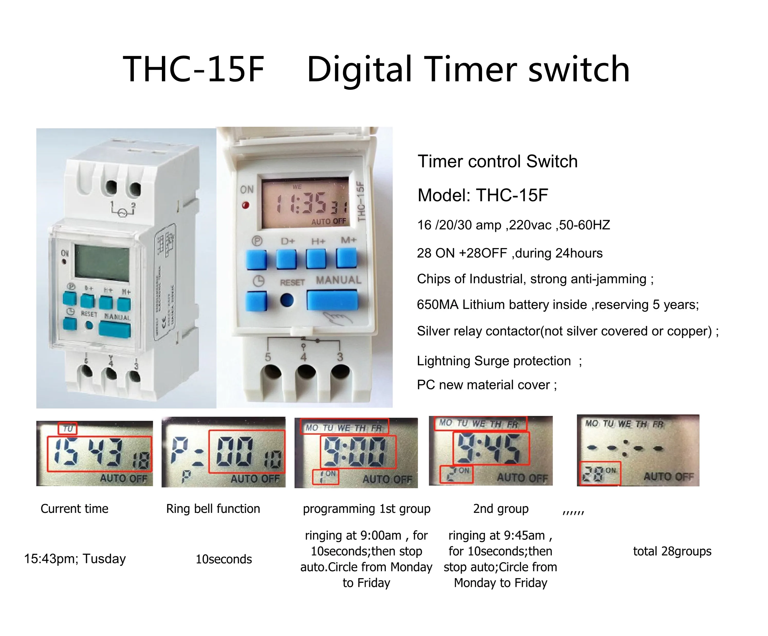 48V/DC 20amp THC-20A hot sailing lighting time switch   programmable large LCD timer switch  control switch
