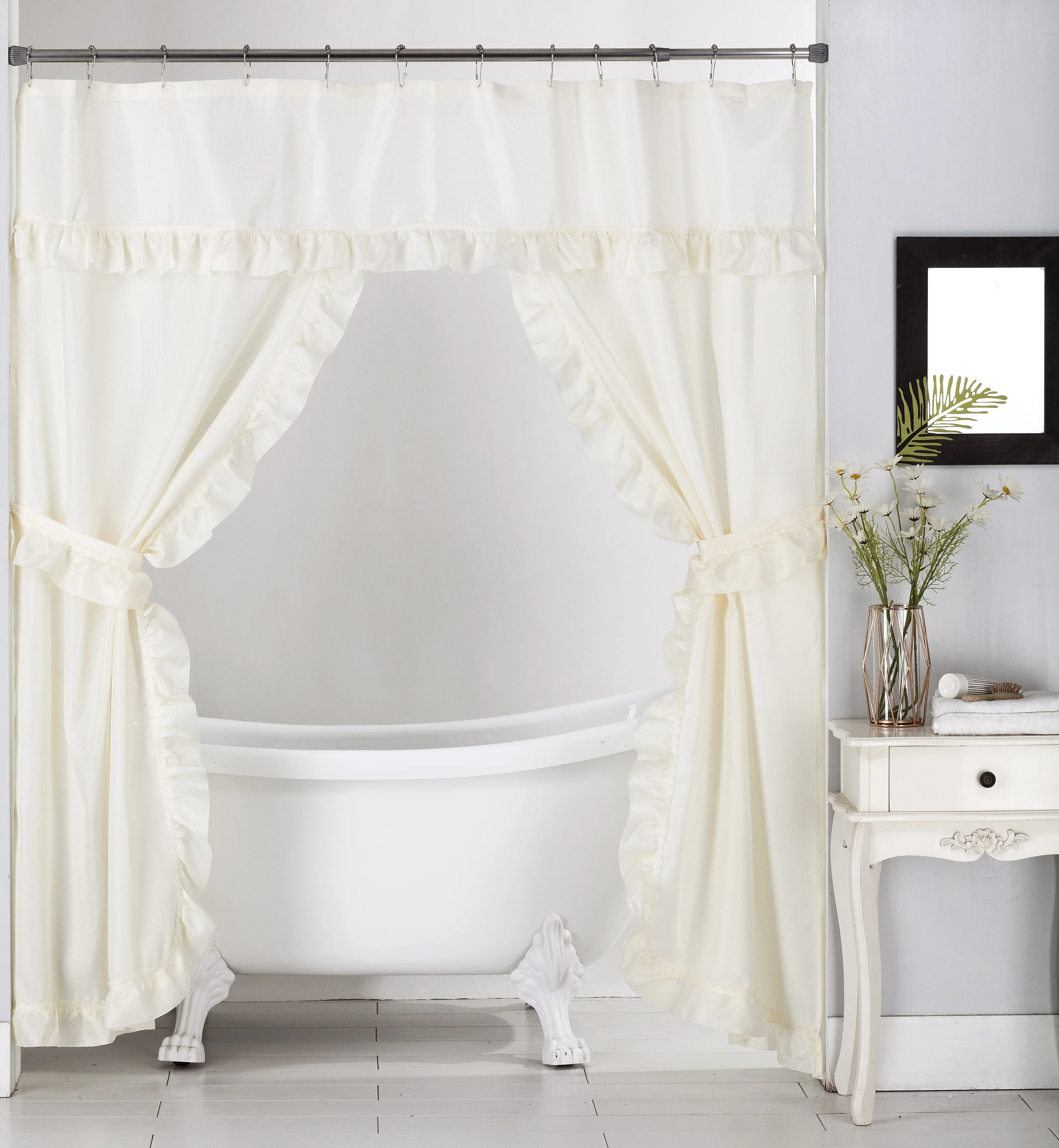 Dobby jacquard ruffled Double Swag Fabric Shower Curtain /12 Roller hooks, 2 Tie Backs