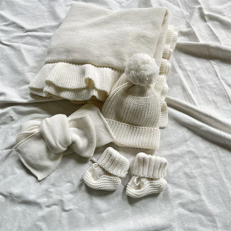 3pcs Baby Hat Headband Booties Gift Set Newborn Babe Knit Cozy Socks Shoes Oversized Topknot Warm Beanie Hat  for Infant
