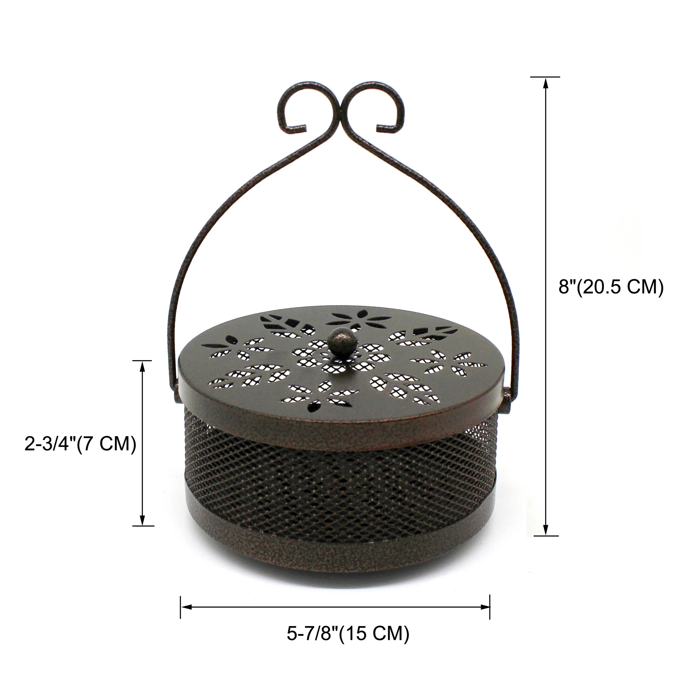 Retro Portable Mosquito Coil Holder Metal Fireproof Incense Burner with Lid and Handle, Bronze