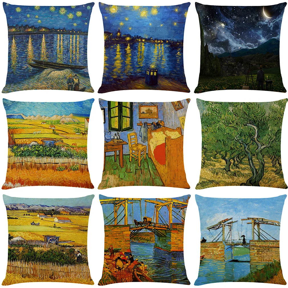 Customized Artistic European Style Oil Painting Pattern Pillow Cover Printing Linen Throw Cushion Cover