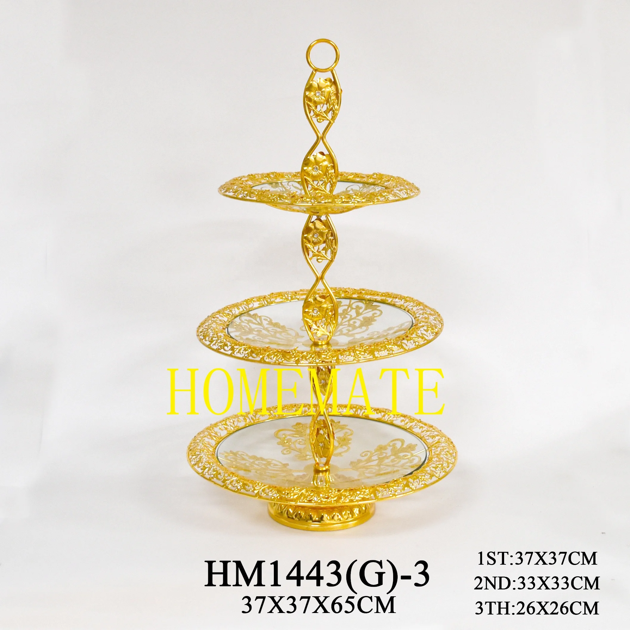 Luxury party craft metal frame three layer glass square fruit candy hanging tray