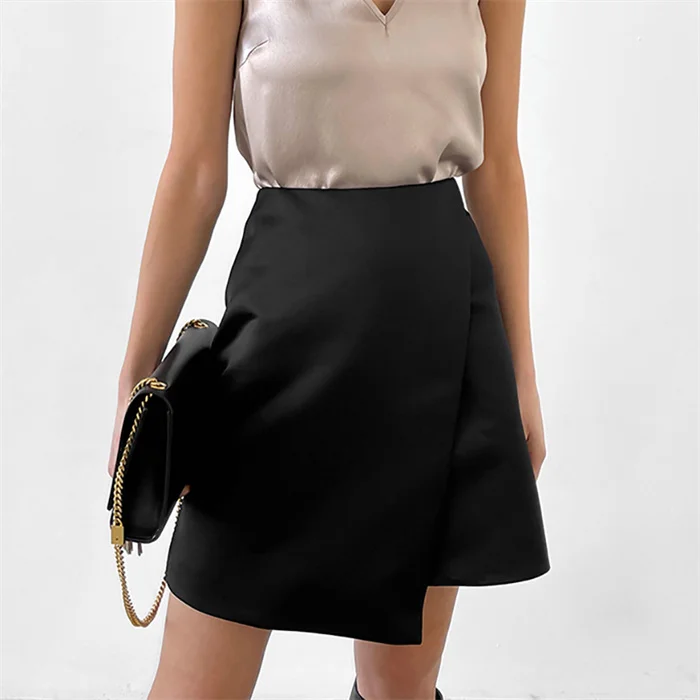 Solid Streetwear Fashion Satin Skirt Pink Women Summer Asymmetrical Mini Skirts Office Black High Waist Skirts