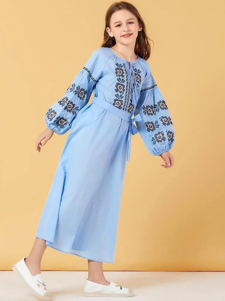 cheap wholesale child light blue lacing up muslim dress dubai kids clothes long sleeve dress