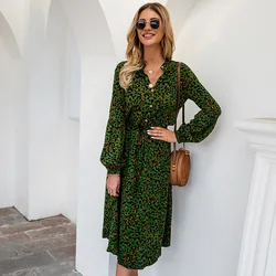 Summer A-line Long Sleeve Green Flare Sleeve None Decoration Chiffon Dress Women