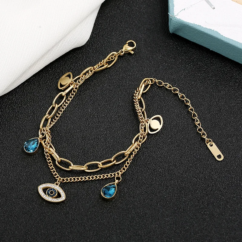 Fashion Gold Plated Double Layer Water Drop Sapphire Turkish Eyes Bracelet Stainless Steel Crystal Evil Eyes Charm Bracelet