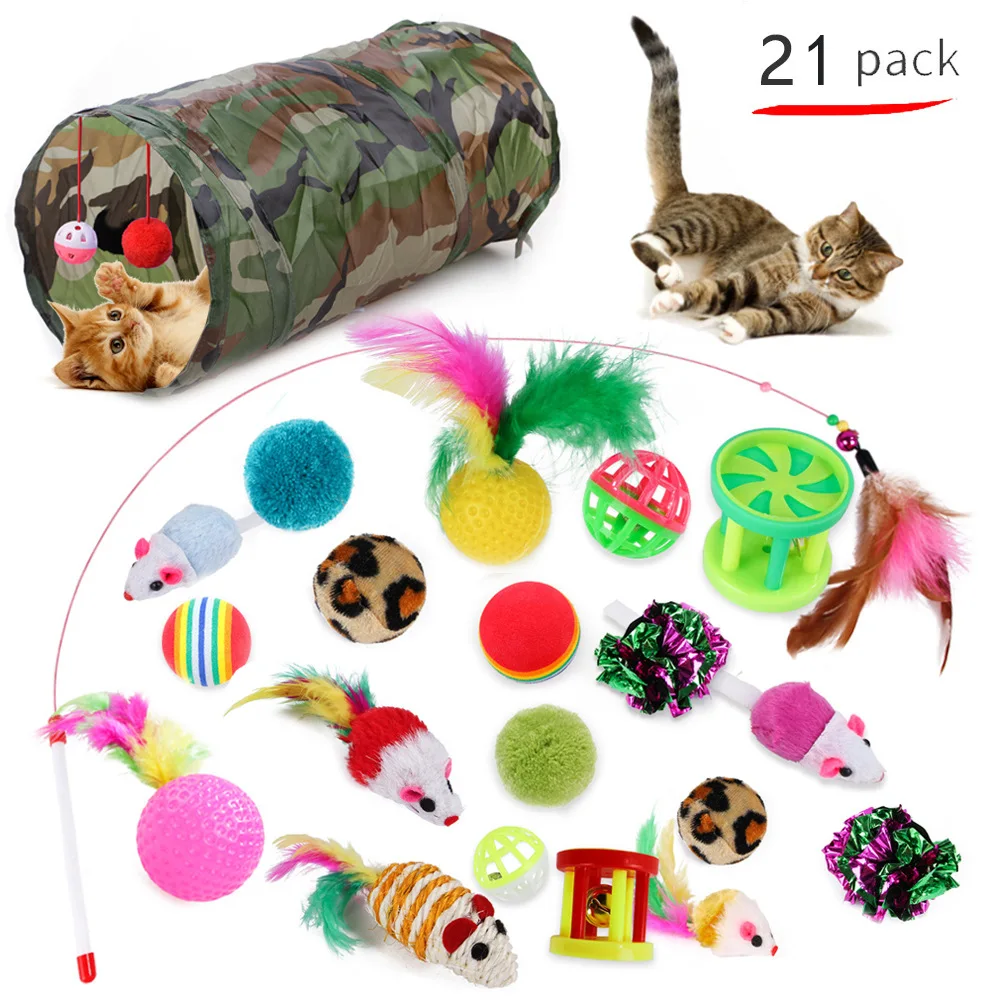 21 pack funny pet tunnel cat play small little cat toys set bulk cat scratching feather ball and mouse