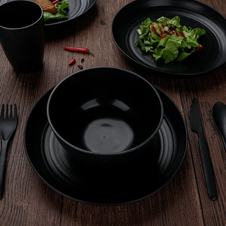 Wholesale Tableware Set 28pcs Camping Bowl Plate Cup PP Plastic Wheat Dinnerware Sets with Box and Cutlery