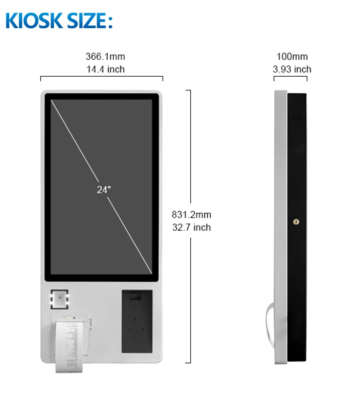 24 inch wallmount food auto self order service terminal self-payment touch kiosk payment machine