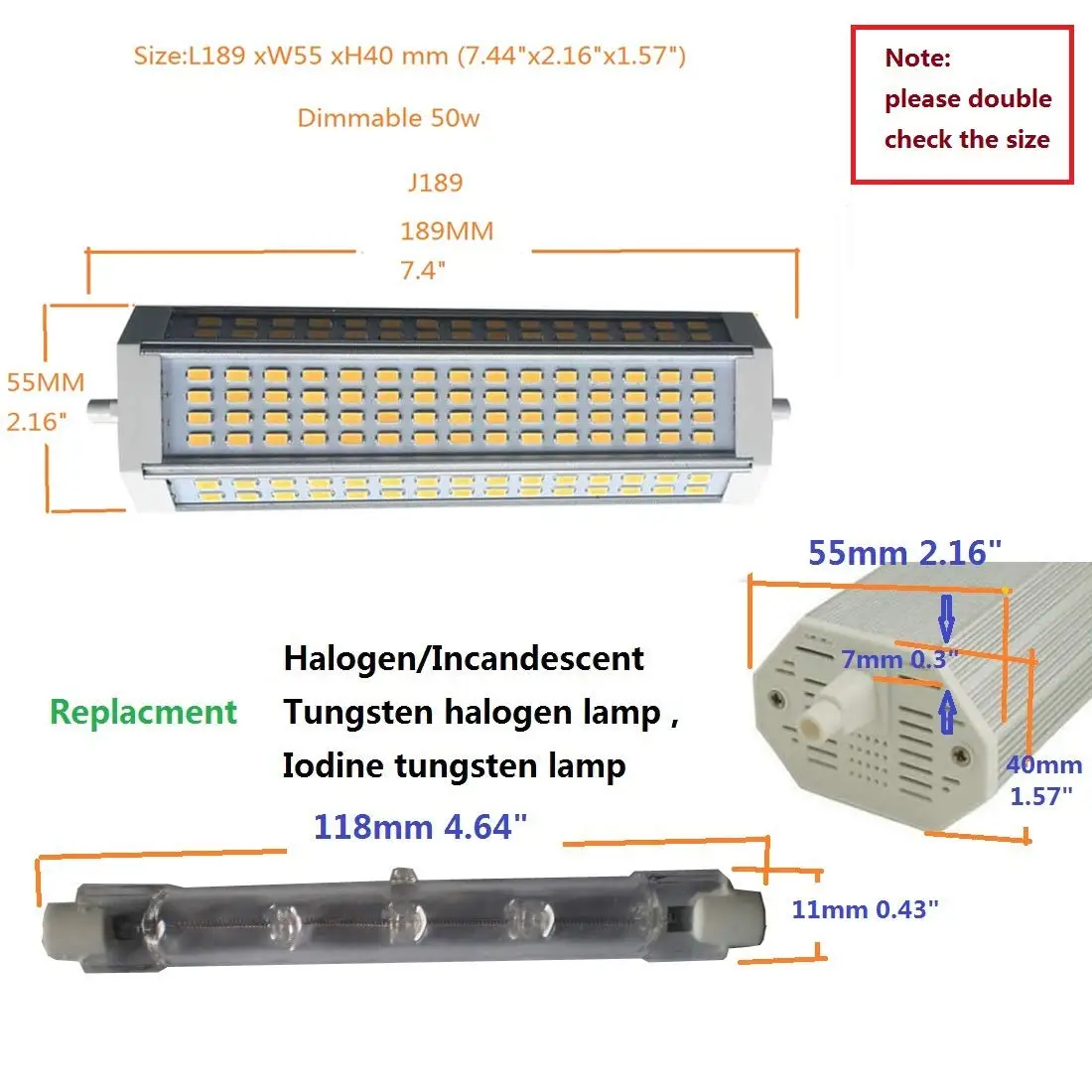50w led 189mm dimmable 120V or 230V replace Metal Halide J189 500W led lamp lighting source for floodlight