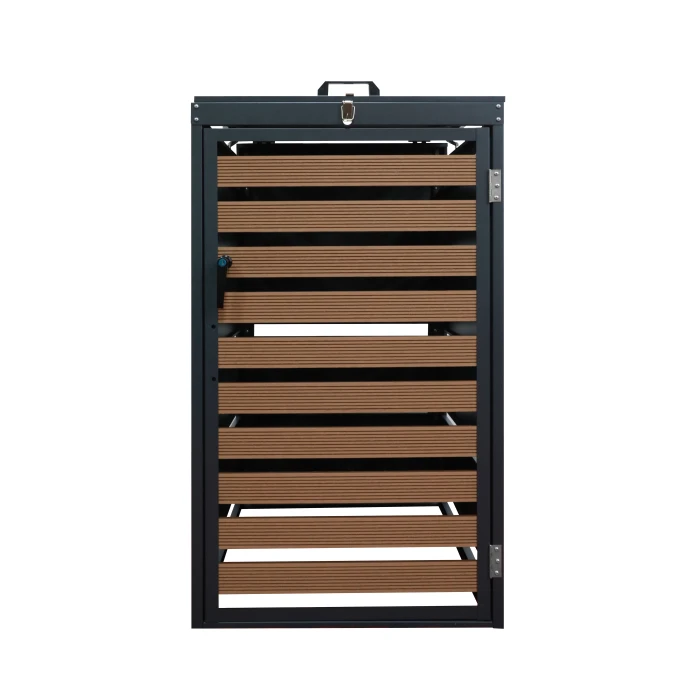 outdoor used furniture customized wooden effects trash bin cabinet 240L steel KD Structure 1 doors garbage bin cover box