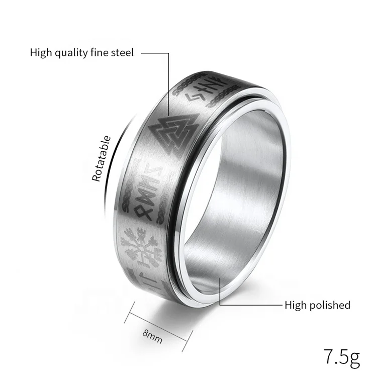 2022 New Stainless Steel Mens Gold Viking Ring With Text Rotatable Decompression Ring Rune Rings