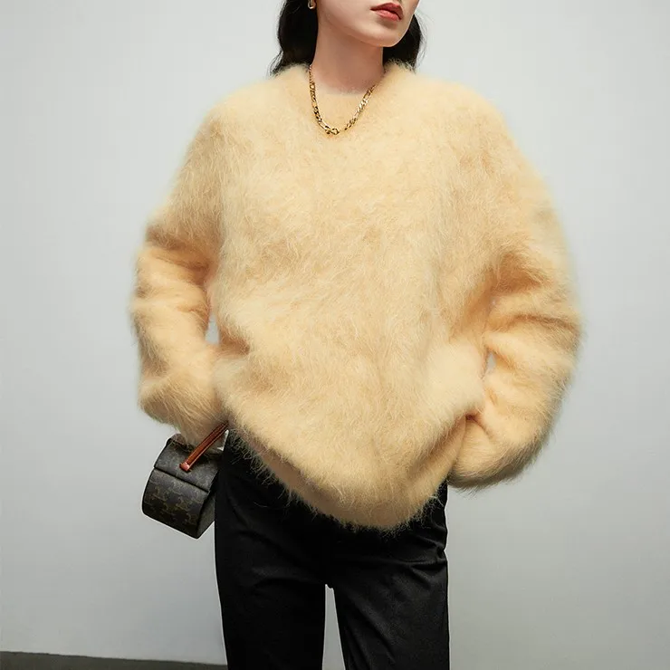 Kingsun OEM ODM custom design long sleeve cozy thick yellow alpaca wool oversized s fuzzy hairy sweater pullover for women