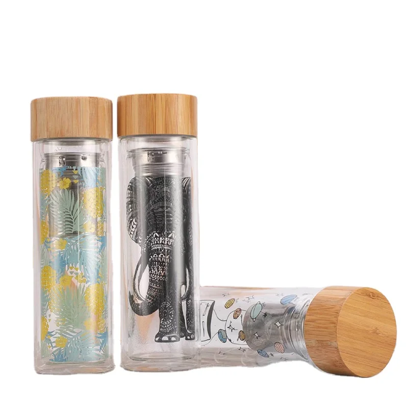 Mikenda 3D printing logo glass water Bottle BPA Free Travel Drink Bottle with bamboo lid