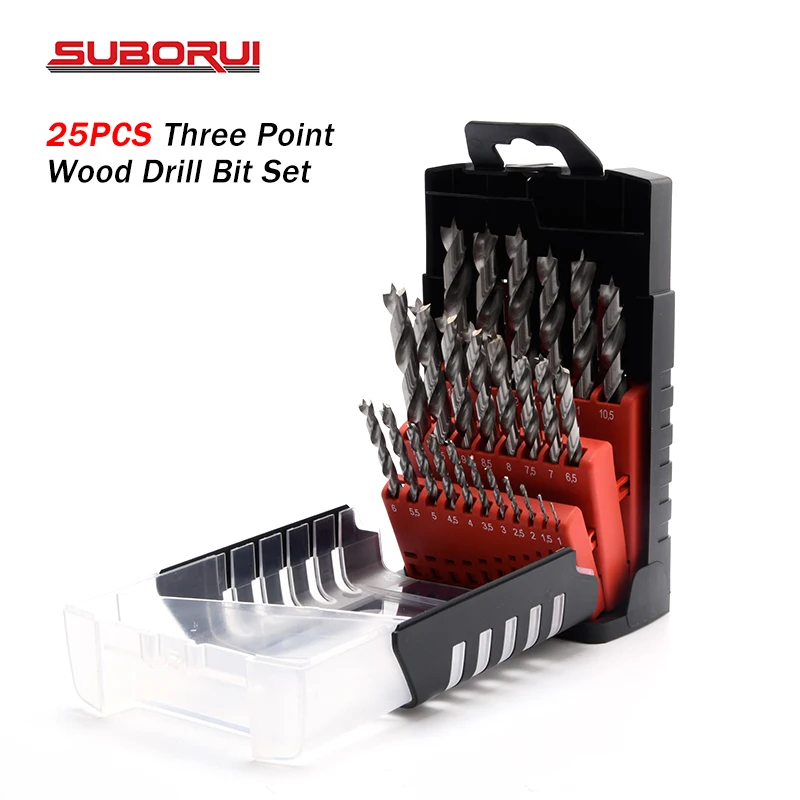 SUBORUI 25pcs HSS 4241 Fully Ground Holz bohrer Broca de madera Brad Point Wood Drill Bits Set for Hard Wood Working