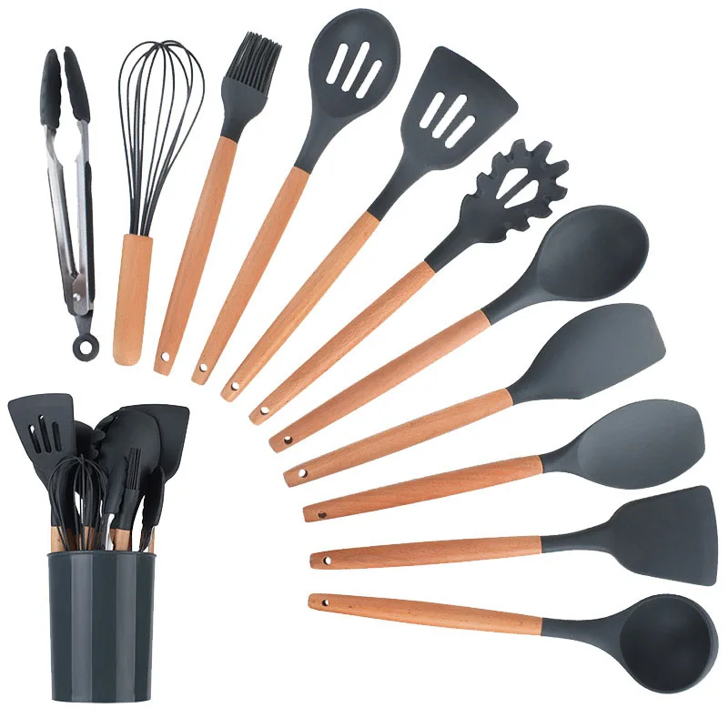 
Hot Selling 12pcs Wooden Handle Food Grade Silicone kitchen cooking utensil Set with Holder 