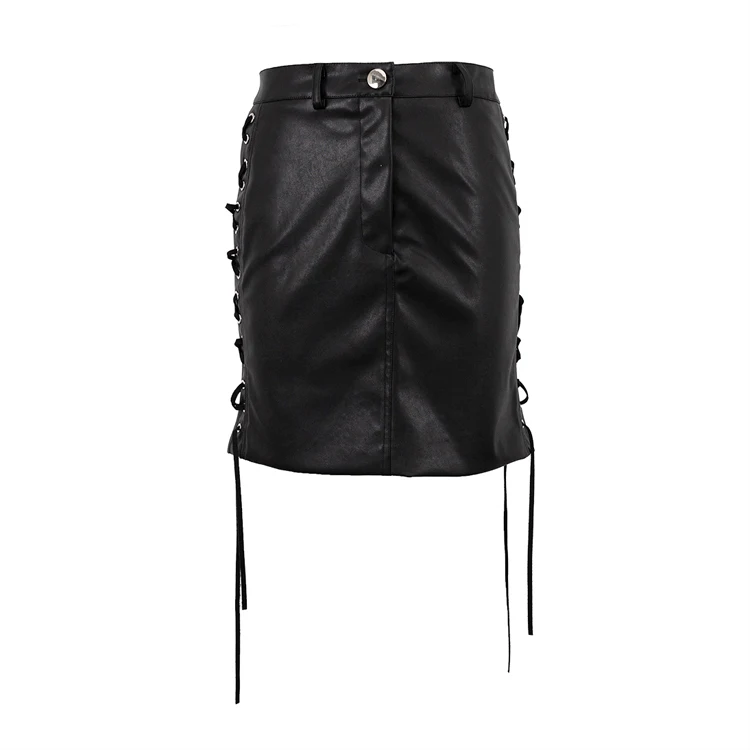 Fashion Streetwear Sexy Club Split Slit Lace Up PU Leather High Waist Black Mini Short Bandage Skirts For Women