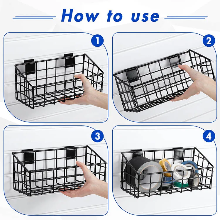 JH-Mech 4 Pack Slatwall Basket For Garage Storage Display Organizing On Slatwall Multi Size Beveled Metal Wire Storage Basket