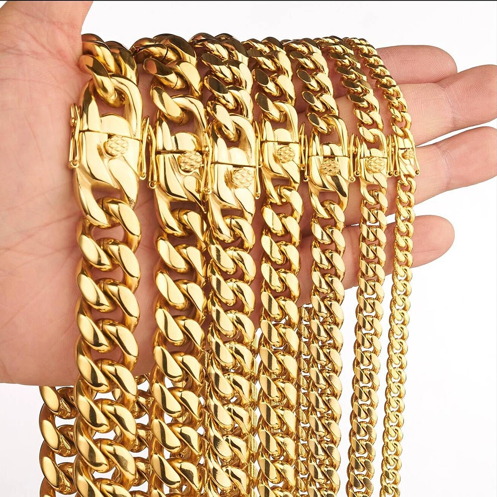 Fashion Jewelry Hip Hop Stainless Steel jewelry Cuban Curb Link Miami Chain 14k 18k Gold Plated Bracelet Necklace for men