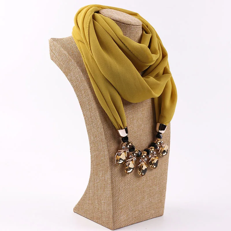 Wholesale jewel scarf acrylic diamond chiffon jewelry necklace scarf with pendant for women