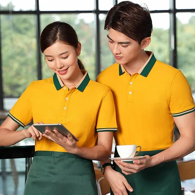 Customized heat transfer printing design embroider logo knitted cotton unisex restaurant bar waiter uniform waitress uniform