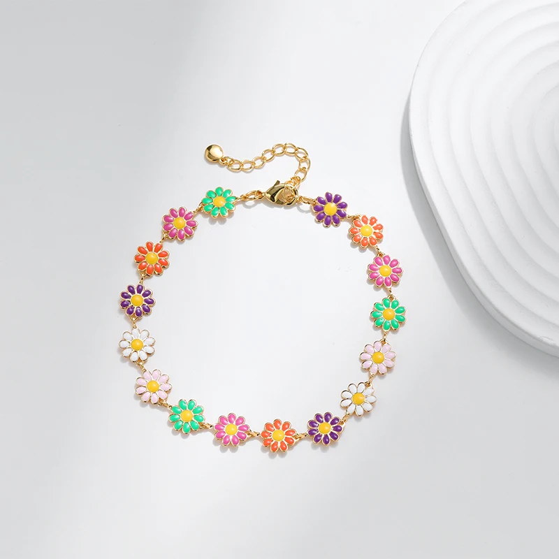 2023 Summer Hot Sale Brass 18K Real Gold Brass 18K Real Gold Creative Drip Oil Design Sense Floral Accessories Anklet