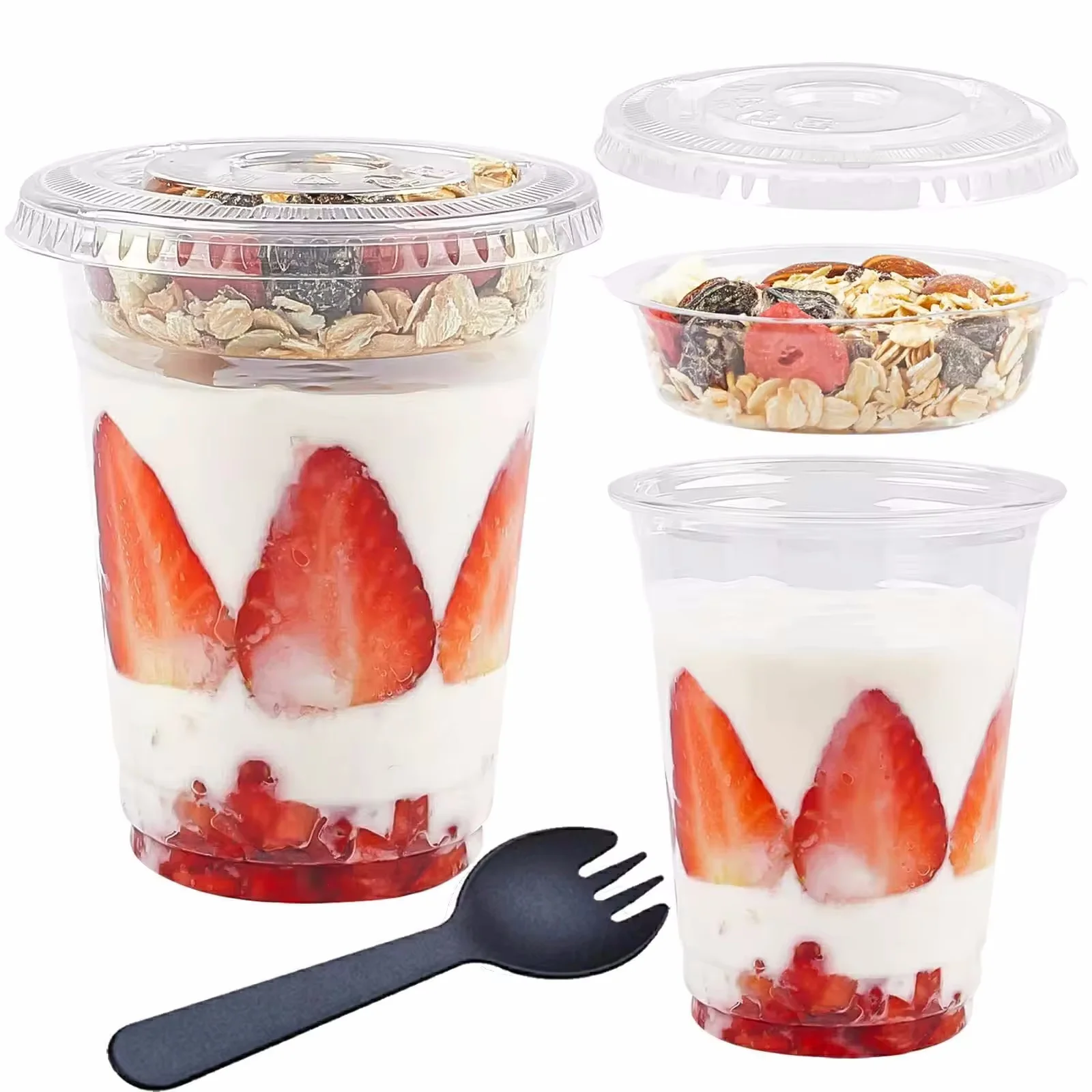 Wholesale Custom PET Clear Plastic Parfait Cold Cups Yogurt Fruit Dessert Cups with Insert and Lids