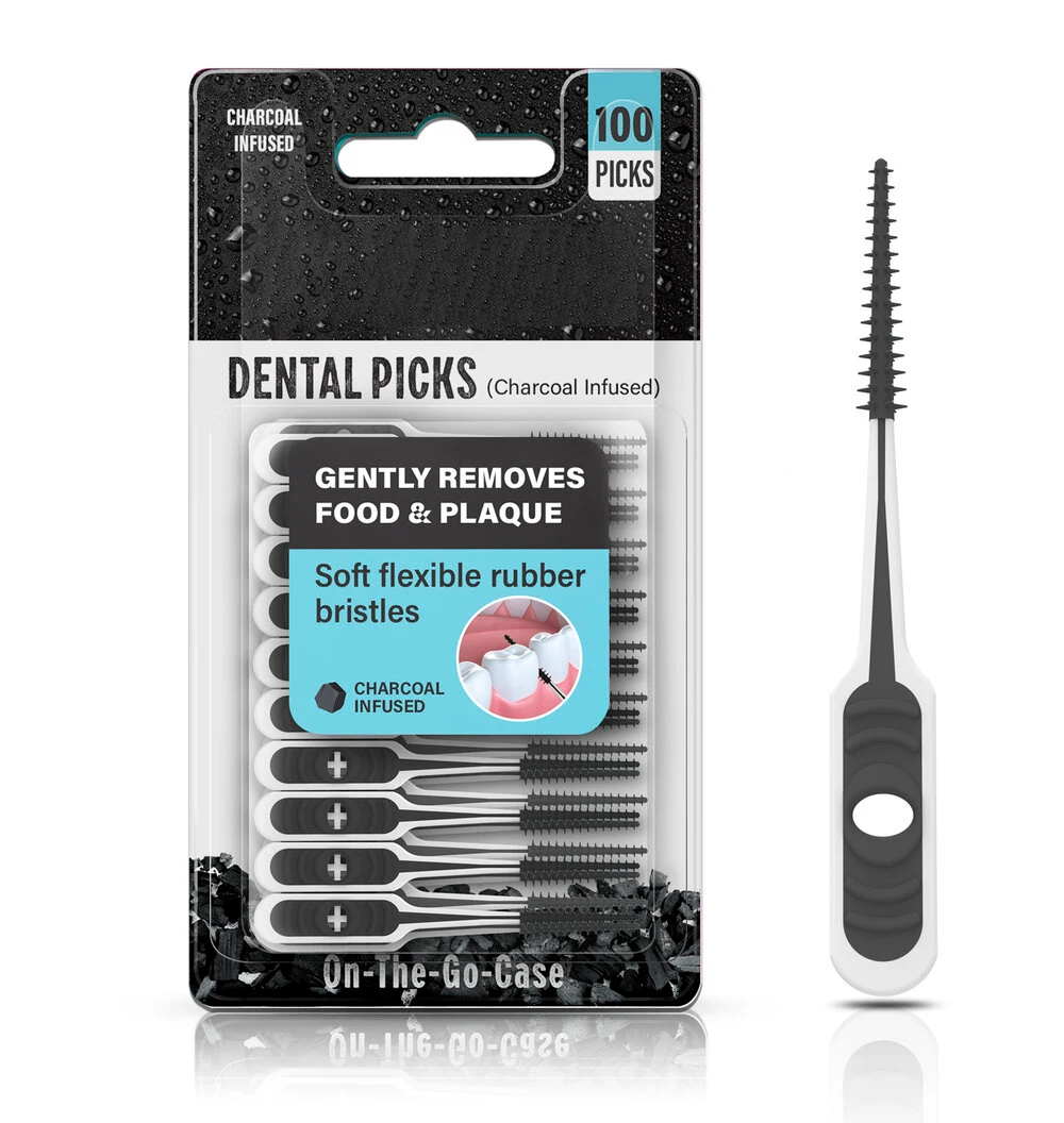 Rubberized Picks Dental Picks Charcoal Soft toothpick interdental brush 100 pcs in a blister card