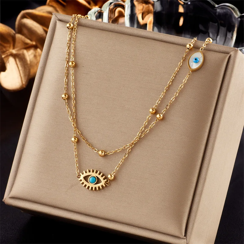 New Fashion 18k Gold Plated Blue Turquoise Lucky Turkish Devil Eye Beaded Chain Layered Evil Eyes Necklace Stainless Steel