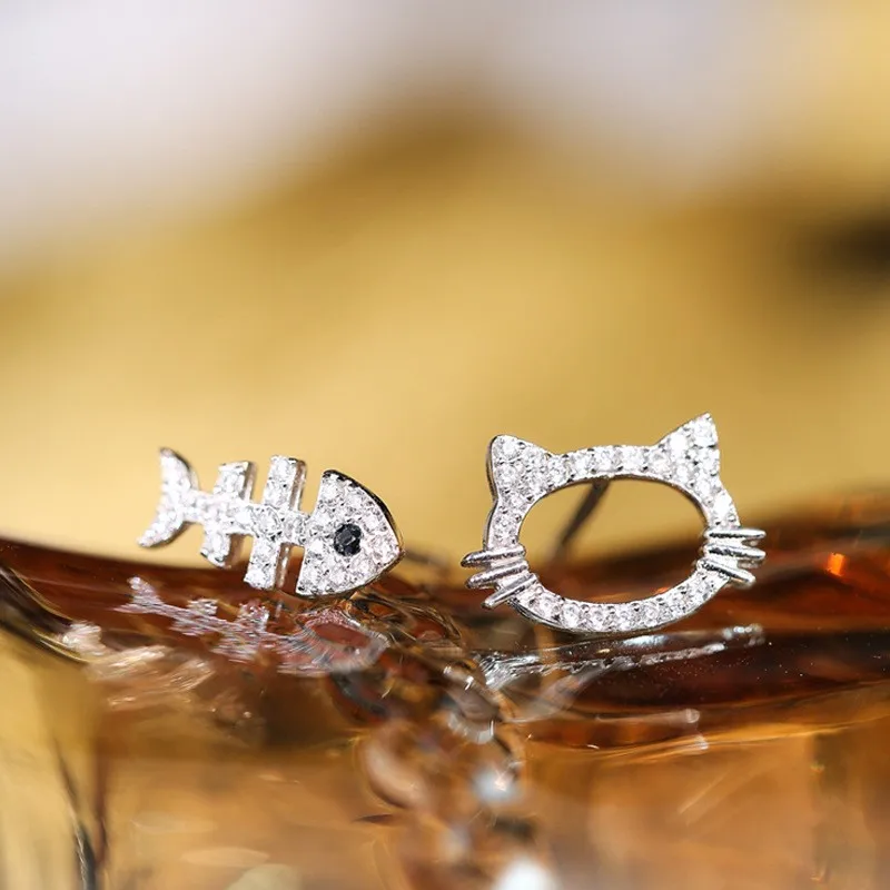 Cat and Fish Girls Solid Sterling Silver Stud Earrings Enamel Kitty Animal Ear Studs Jewelry Gifts for Kids